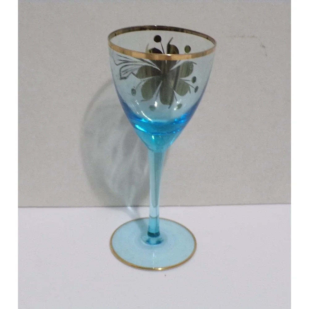 Vintage Hungry‎ Romanian Blue Cordial Glasses Gold Roses Wine 4oz Glass Set of 6